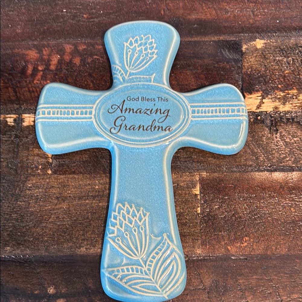 Blue Ceramic Cross Wall Decor NIB Amazing Grandma